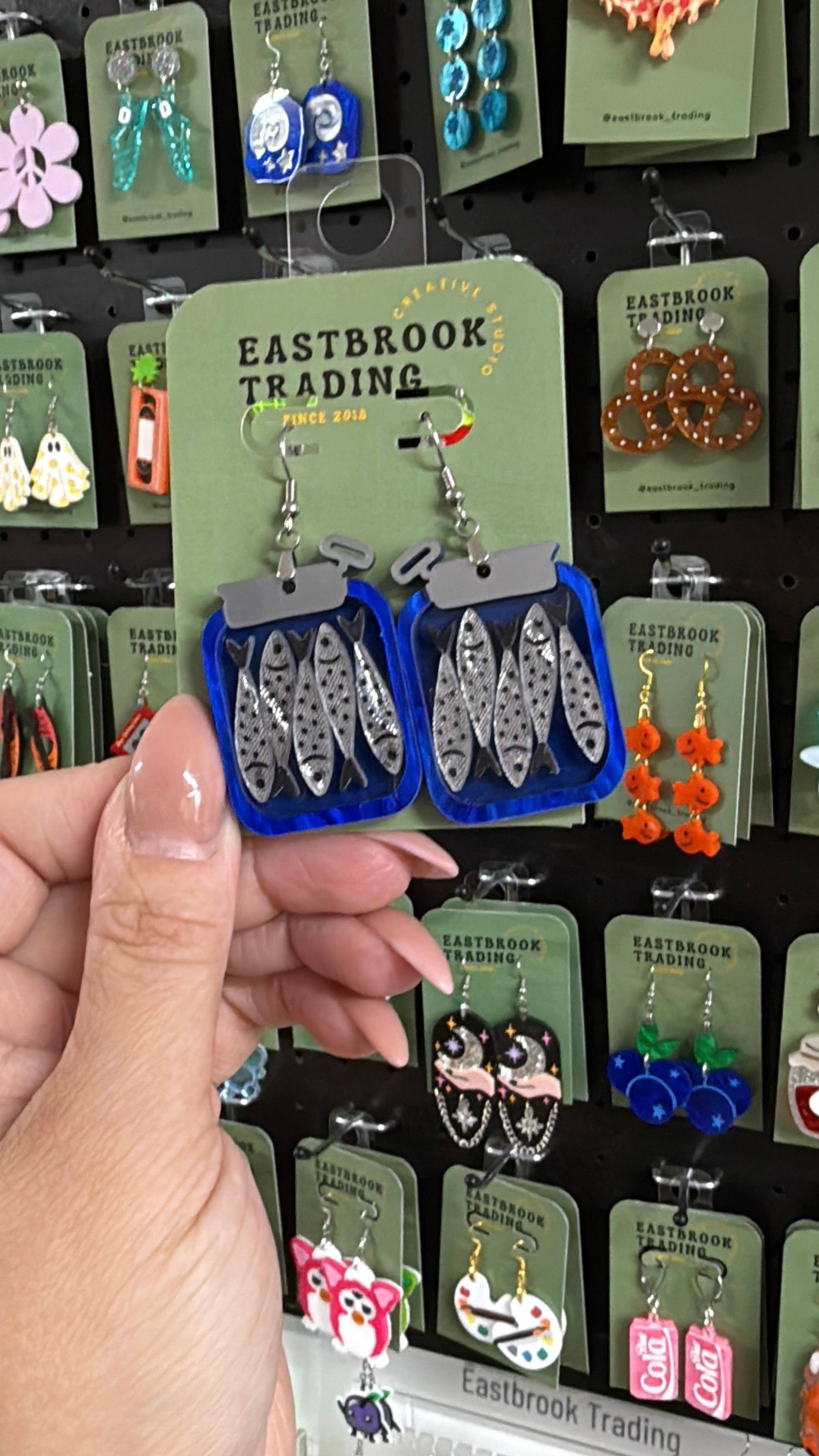 Sardine earrings in blue can design for seafood lovers sardine jewelry for her